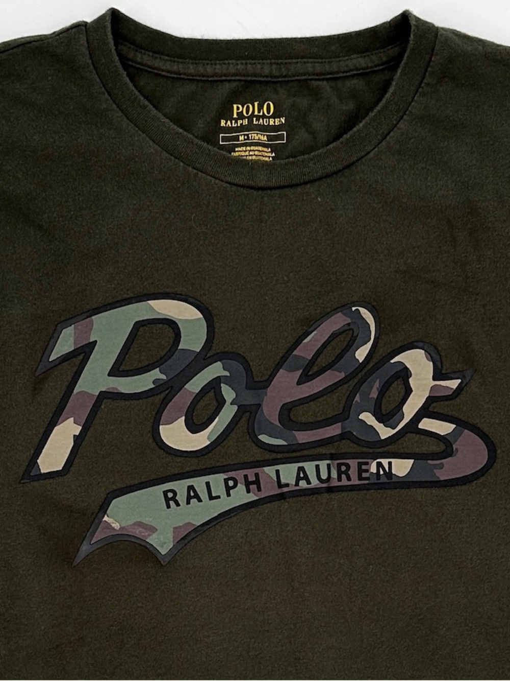 Polo Ralph Lauren Olive Green Camo Script Logo Graphic T Shirt Men's L